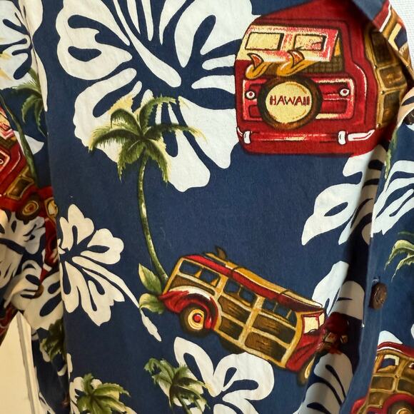 Vintage RJC Hawaiian Shirt Men's XL Navy Multi Floral Bus Vehicles Made in USA - Picture 4 of 10